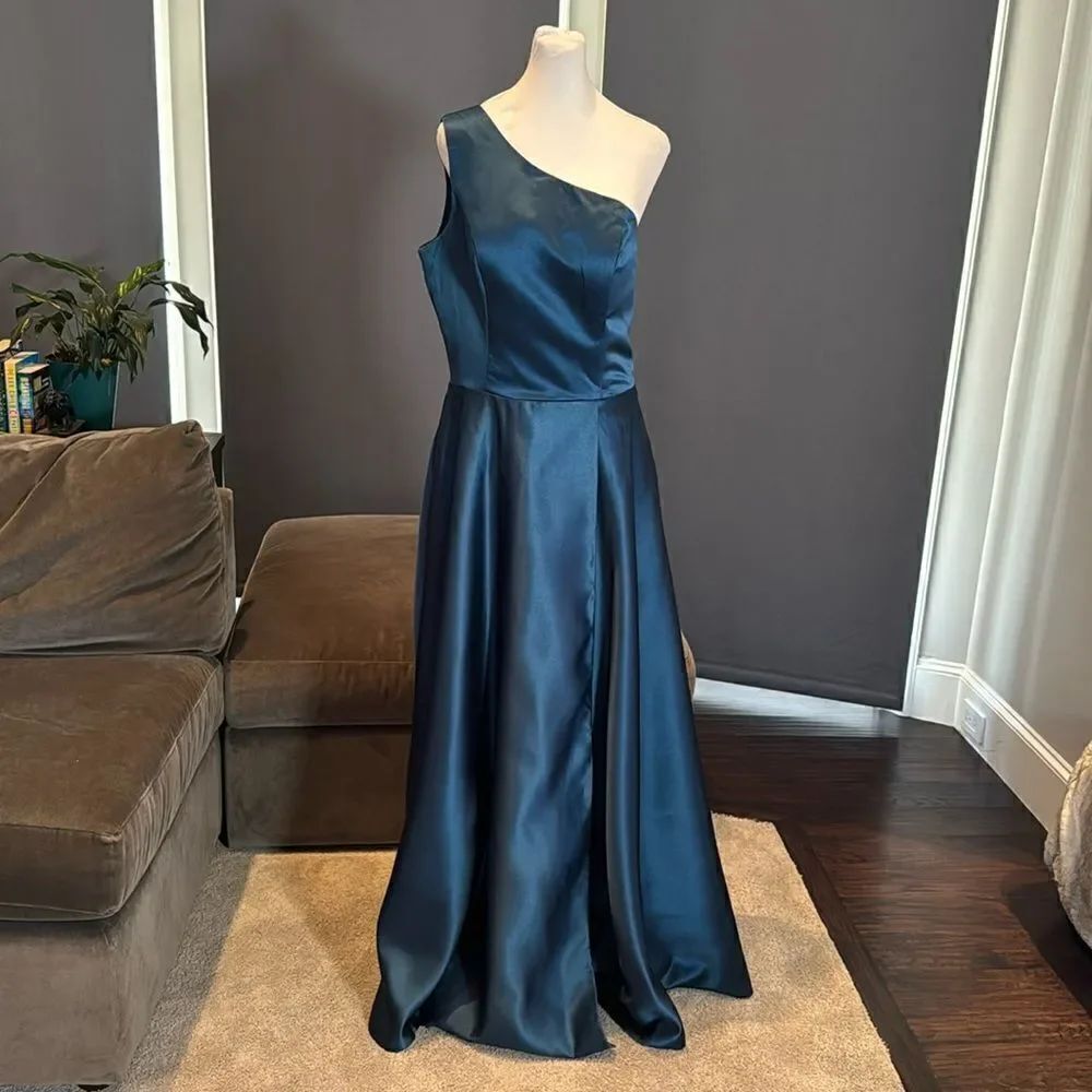 Women’s Blue One Shoulder Full Length Satin Prom Party Dress Corset Back Size 12